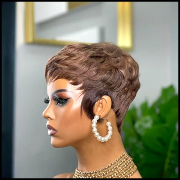 Human Hair Pixie Cut Wig Glueless Layered With Bangs Easy Wear Daily